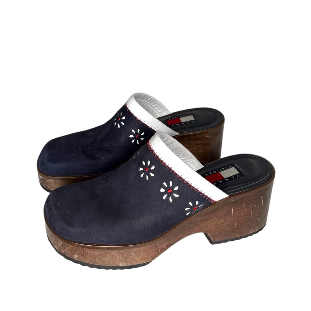 Tommy Hilfiger Navy Clogs with Wooden Heel